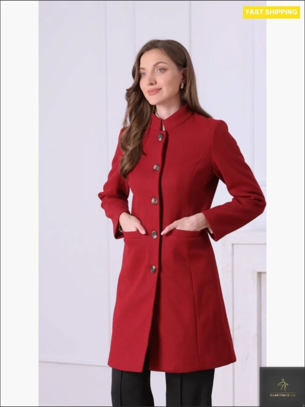 Pea Coat Stand Collar Single Breast Long Winter Coat with Pockets